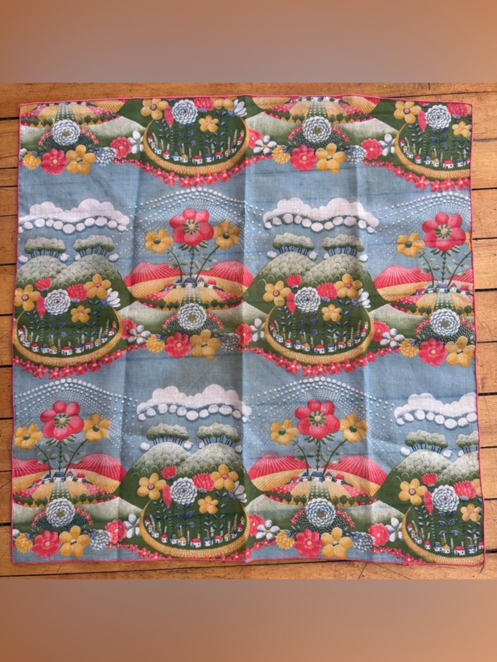 Vintage Cotton Scarf 70s whimsical fairy sky floral field multicolor nature